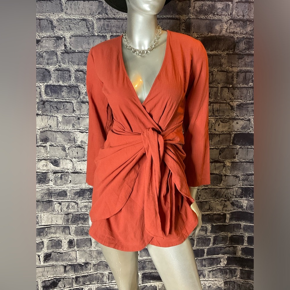 Rust Orange Long Sleeve Wrap Mini Dress